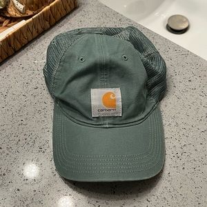 faded blue carhartt ball cap with mesh backing
